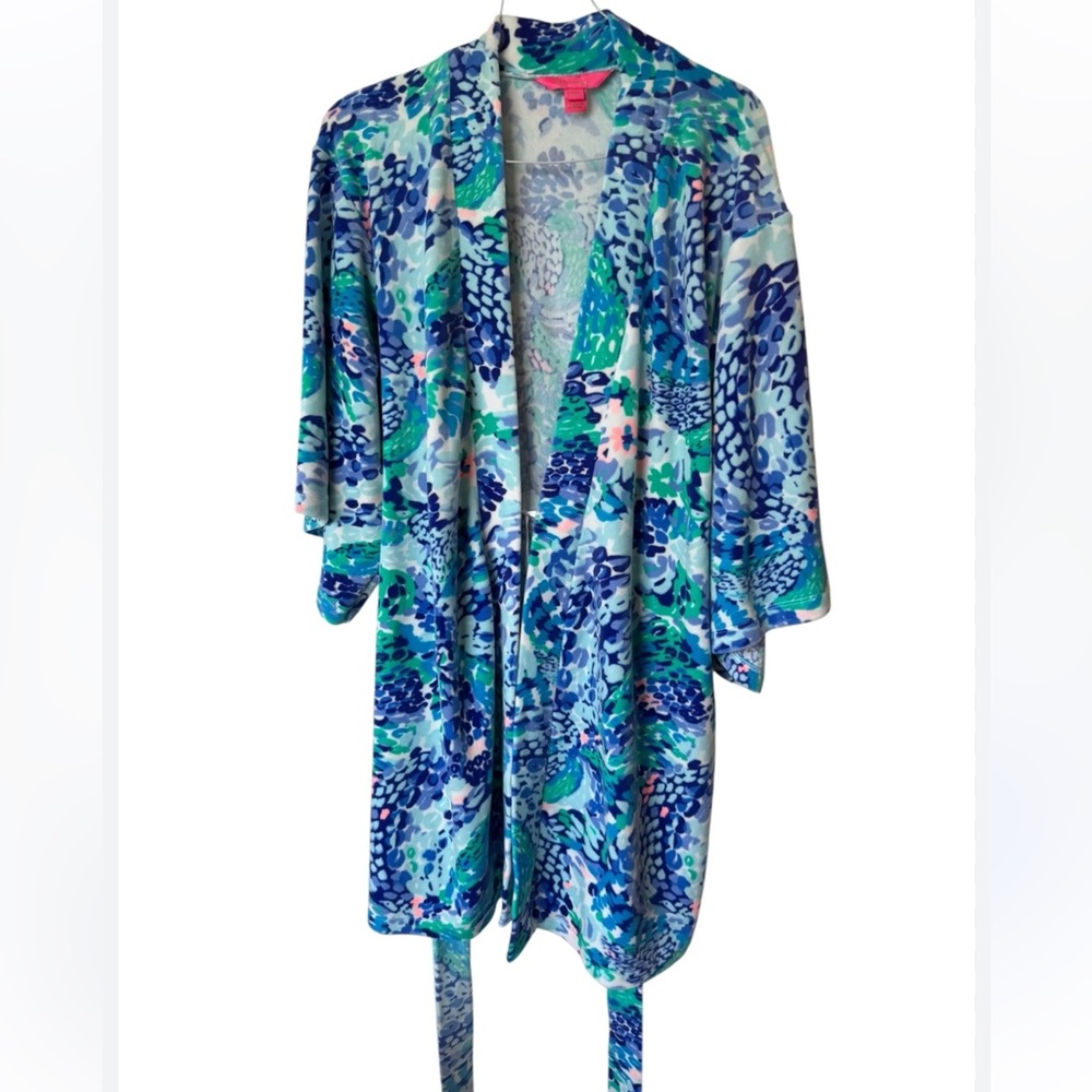 Lilly Pulitzer Elaine Velour Ocean Commotion Blue Belted Bathrobe S/ Medium